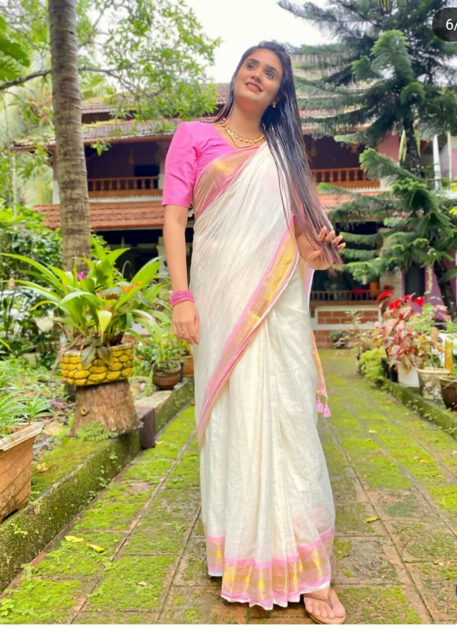 Exclusive Collection Beautiful White Pink Pure Cotton Hand Weaving Handloom Grab2Buy With Running Blouse Piece 