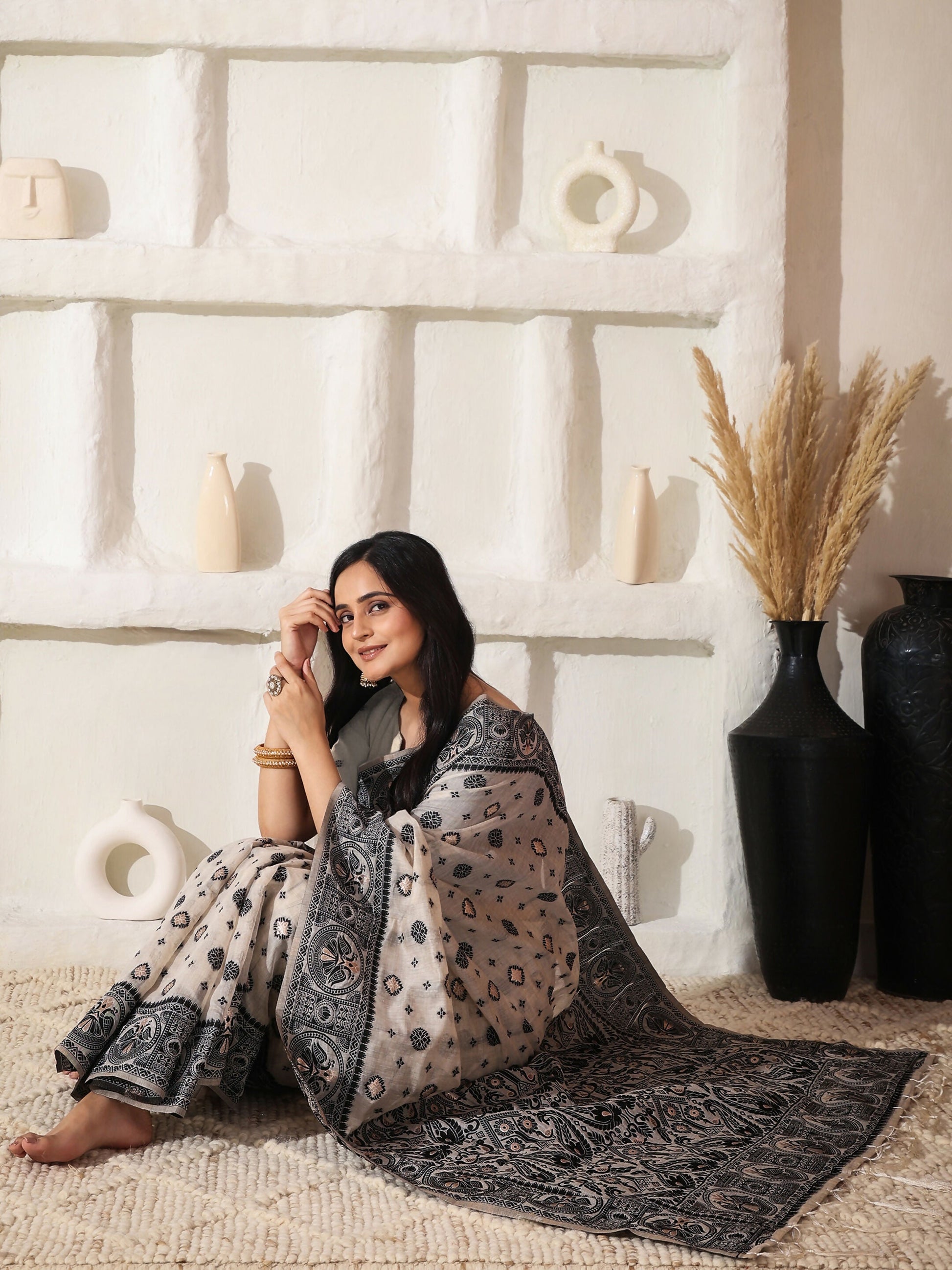 Shree Shyam Fashion Linen Cotton Black & Cream Saree