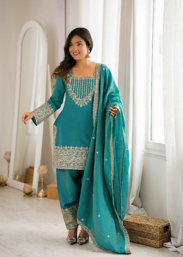 Teeya Creation Designer Rama Green Embroidered Kurta Afghani Pant Set For Festivals