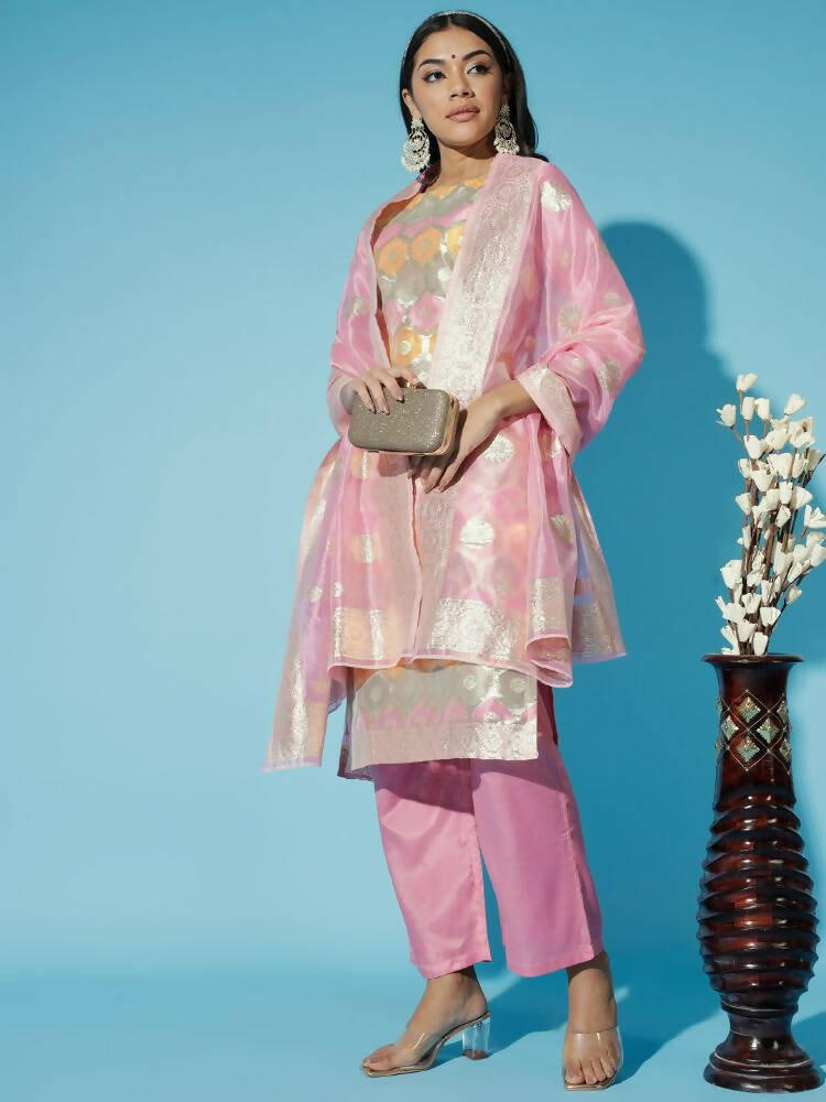 Myshka Women Pink Printed Kurta & Trousers With Dupatta