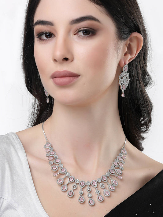 NVR Women Silver Plated & Pink Cz Stone Handcrafted Jewellery Set
