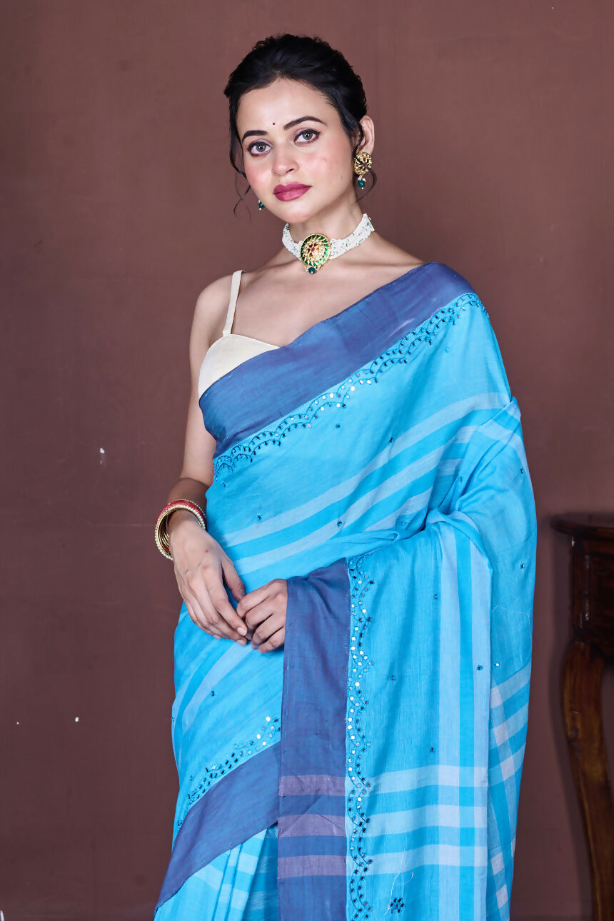 Morchari Blue Cotton Handloom Mirror Work Saree Unstitched Blouse