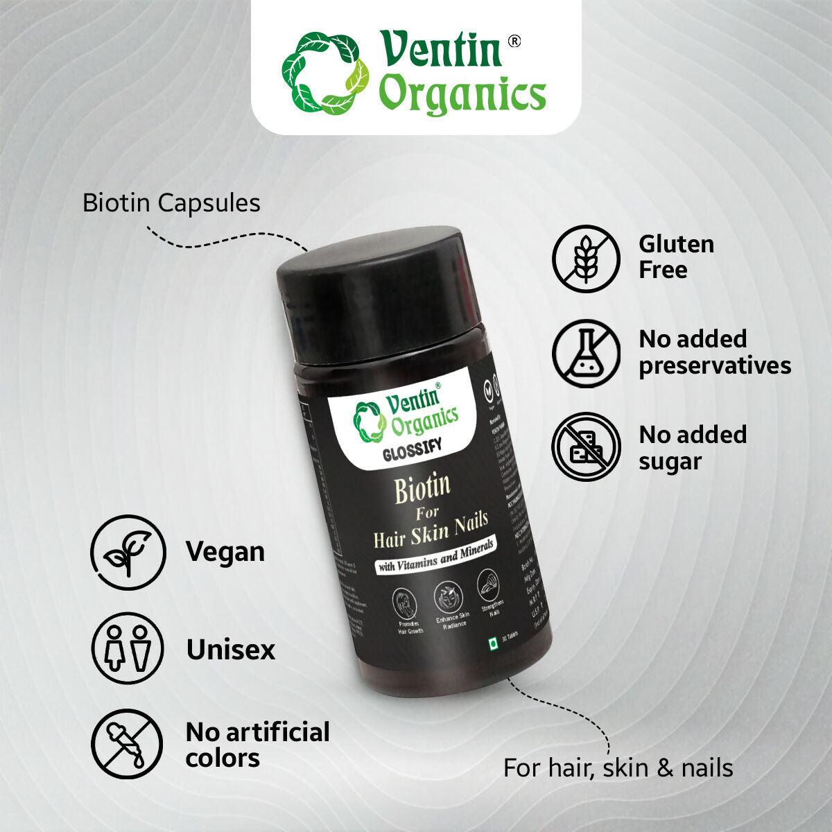 Ventin Organics Glossify Biotin Hair, Skin & Nails Tablets  Grab2Buy Ventin Organics Grab2Buy