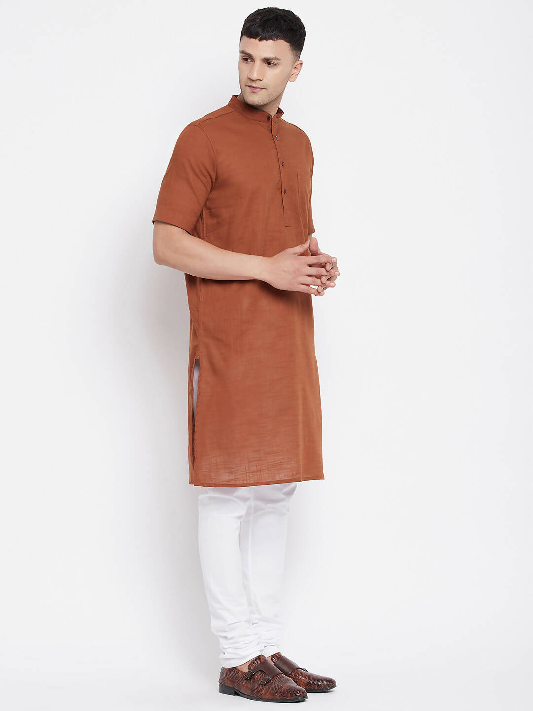 Even Apparels Brown Pure Cotton Men's H/S Kurta With Band Collar 