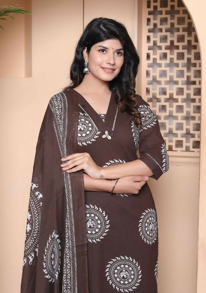 Miravan Womens Animal Print Cotton Brown Stitched Kurta Palazzo With Dupatta Set