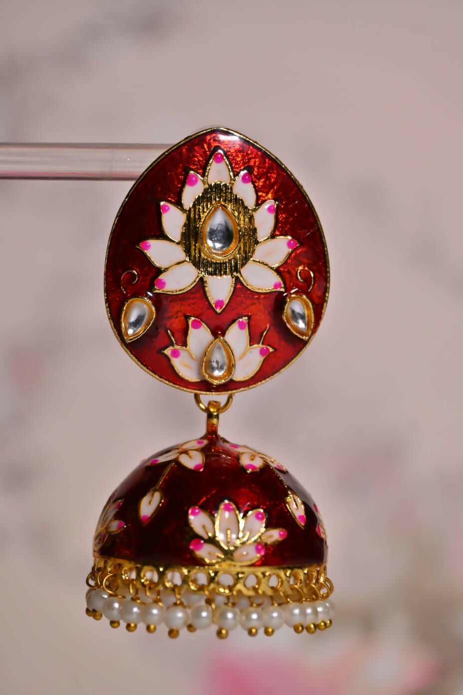 Maroon Hand Painted Ethnic Meenakari Jhumki Earrings By House of Ree House of Ree