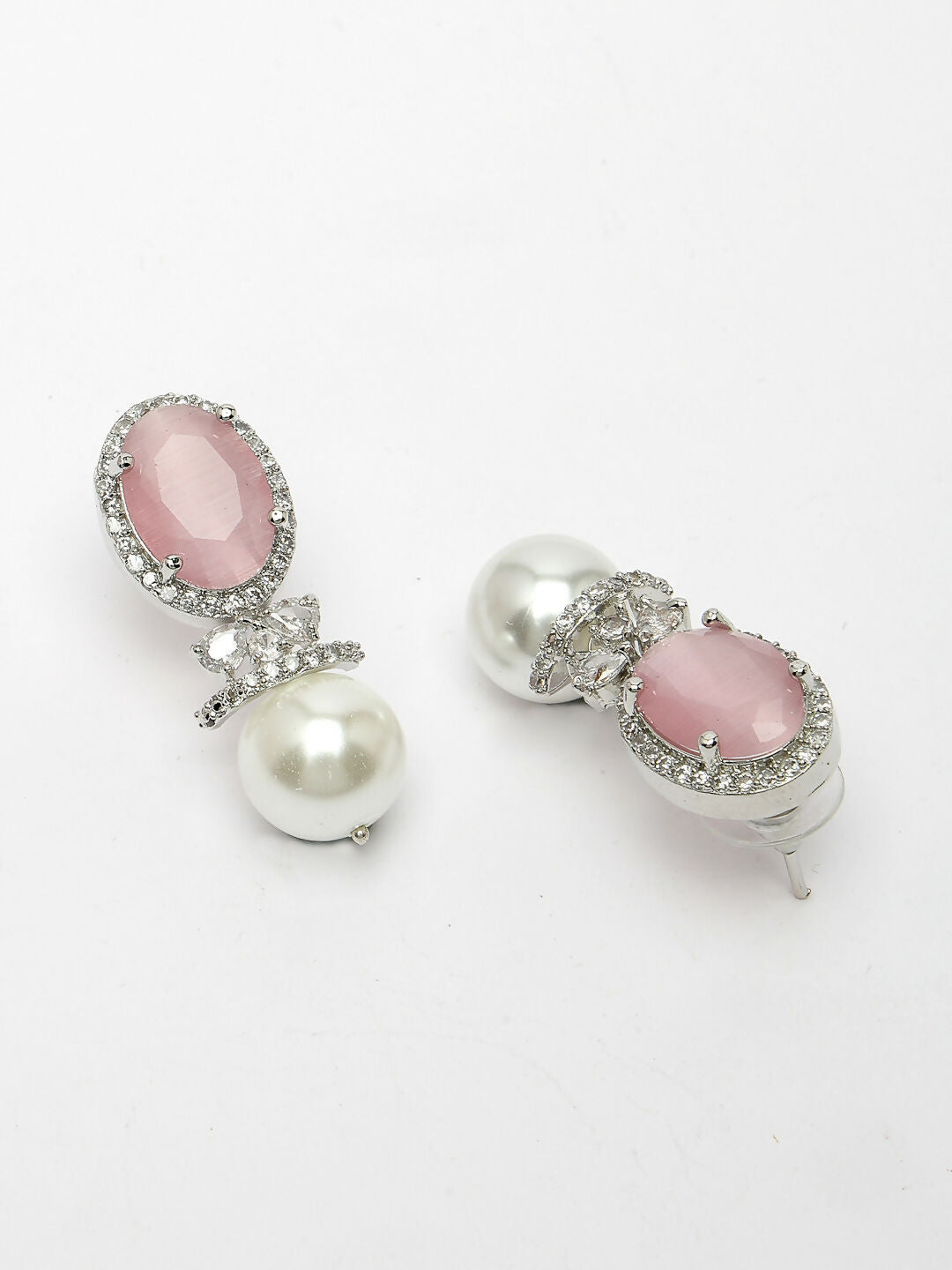 NVR Women's Silver-Plated Pink American Diamond Studded Handcrafted Jewellery Set - Grab2buy