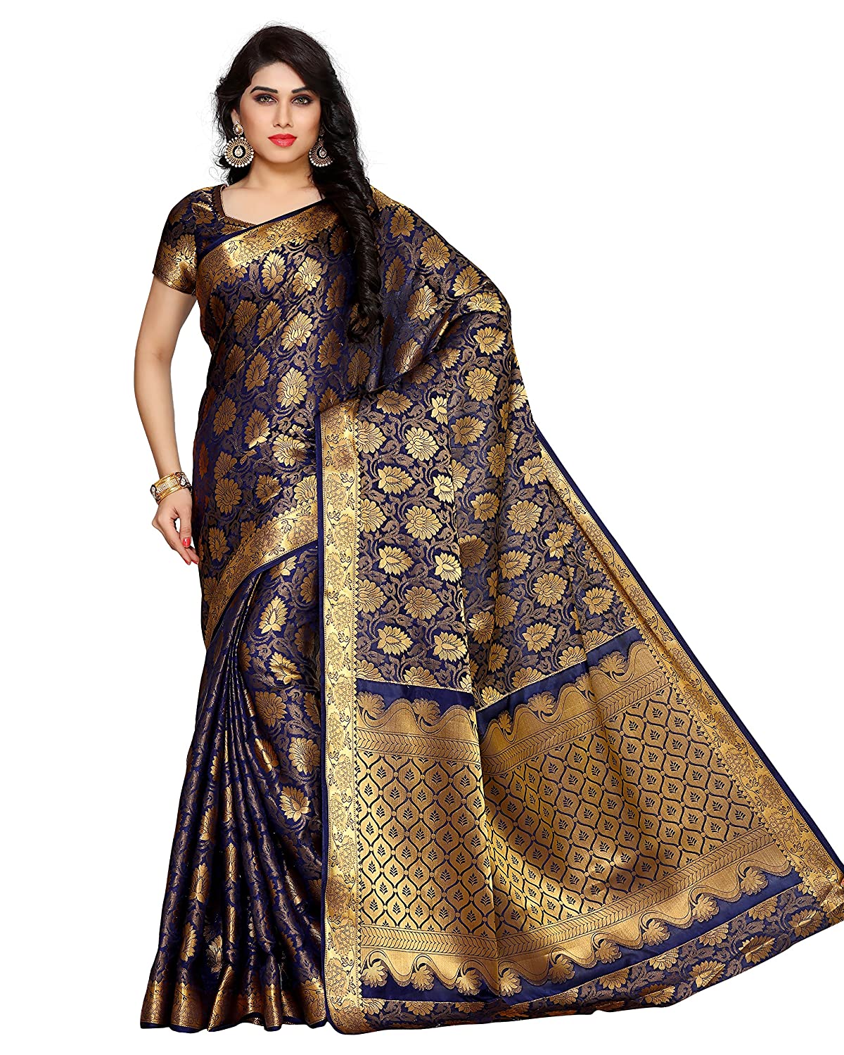 Mimosa Women's navy Blue Kanchipuram Silk Saree With Unstitched Blouse Piece