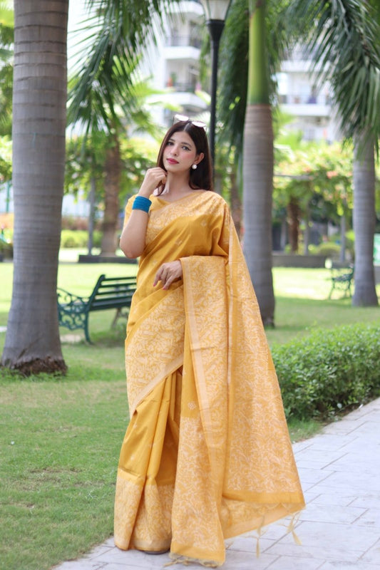 Aastha Fashion Yellow Woven Handloom Raw Silk Saree with Blouse - Grab2buy