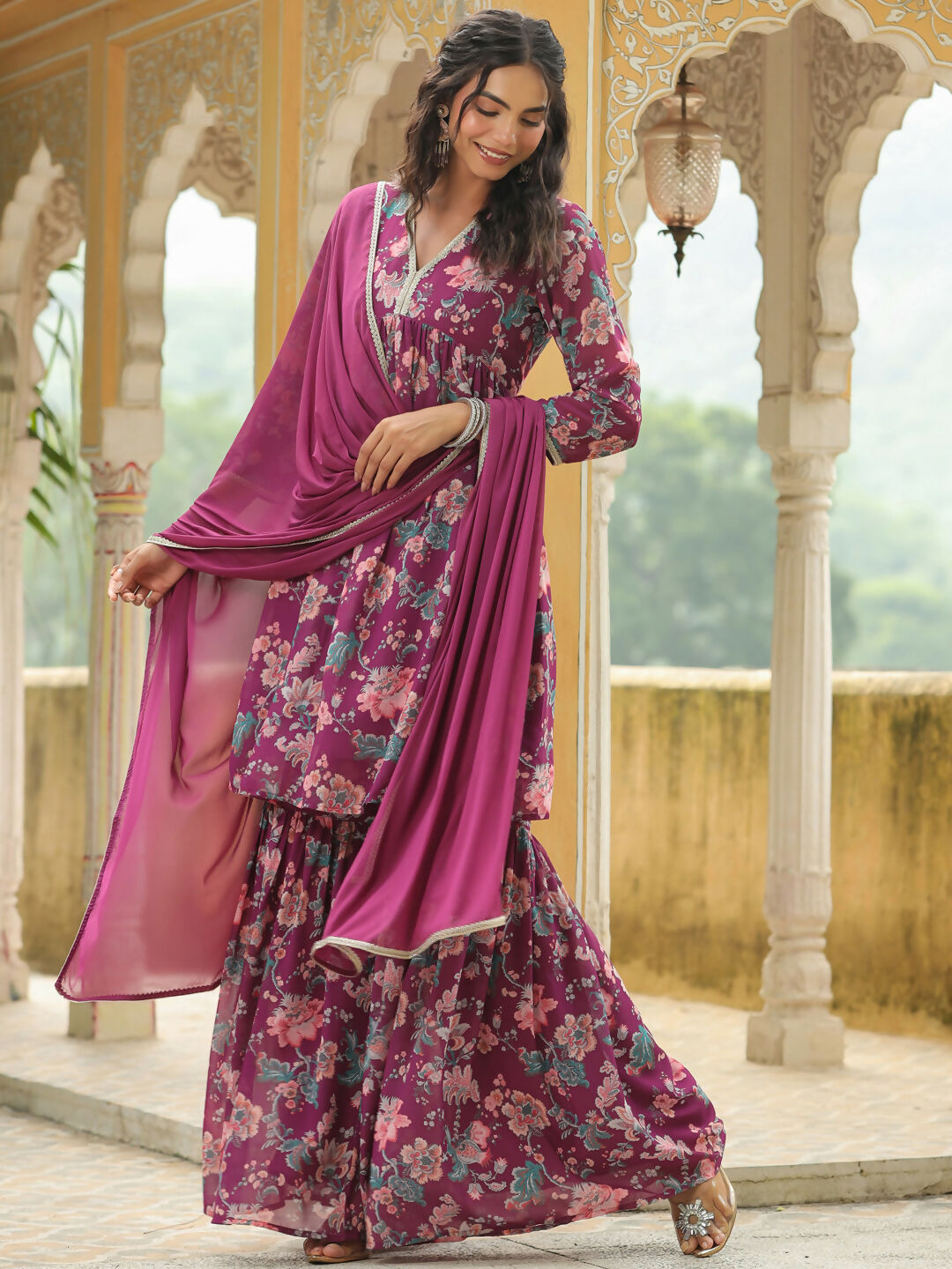Janasya Purple Georgette Floral Kurta,Bottom & Dupatta 