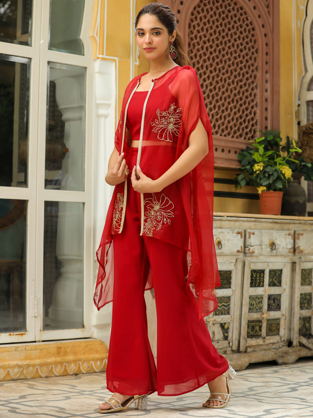 Janasya Maroon Georgette Solid Top Bottom Cape 