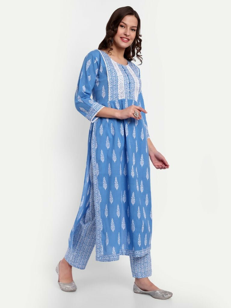 Alvano Printed Naira Cut Kurti with Pant set for Women and Girls Cotton (Blue)