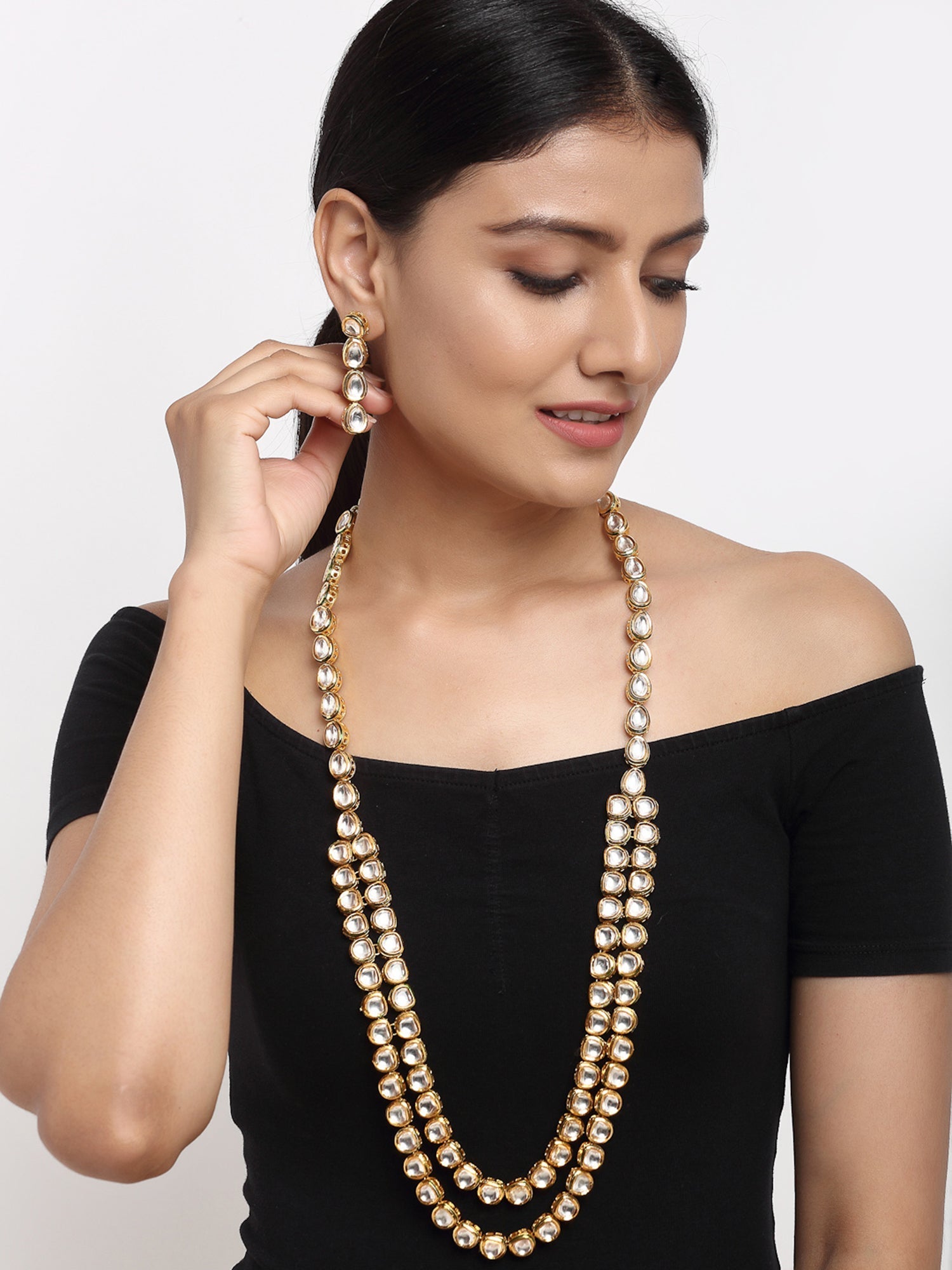 Gold Plated Long Kundan Neckpiece With Earrings - Ruby Raang - Grab2buy