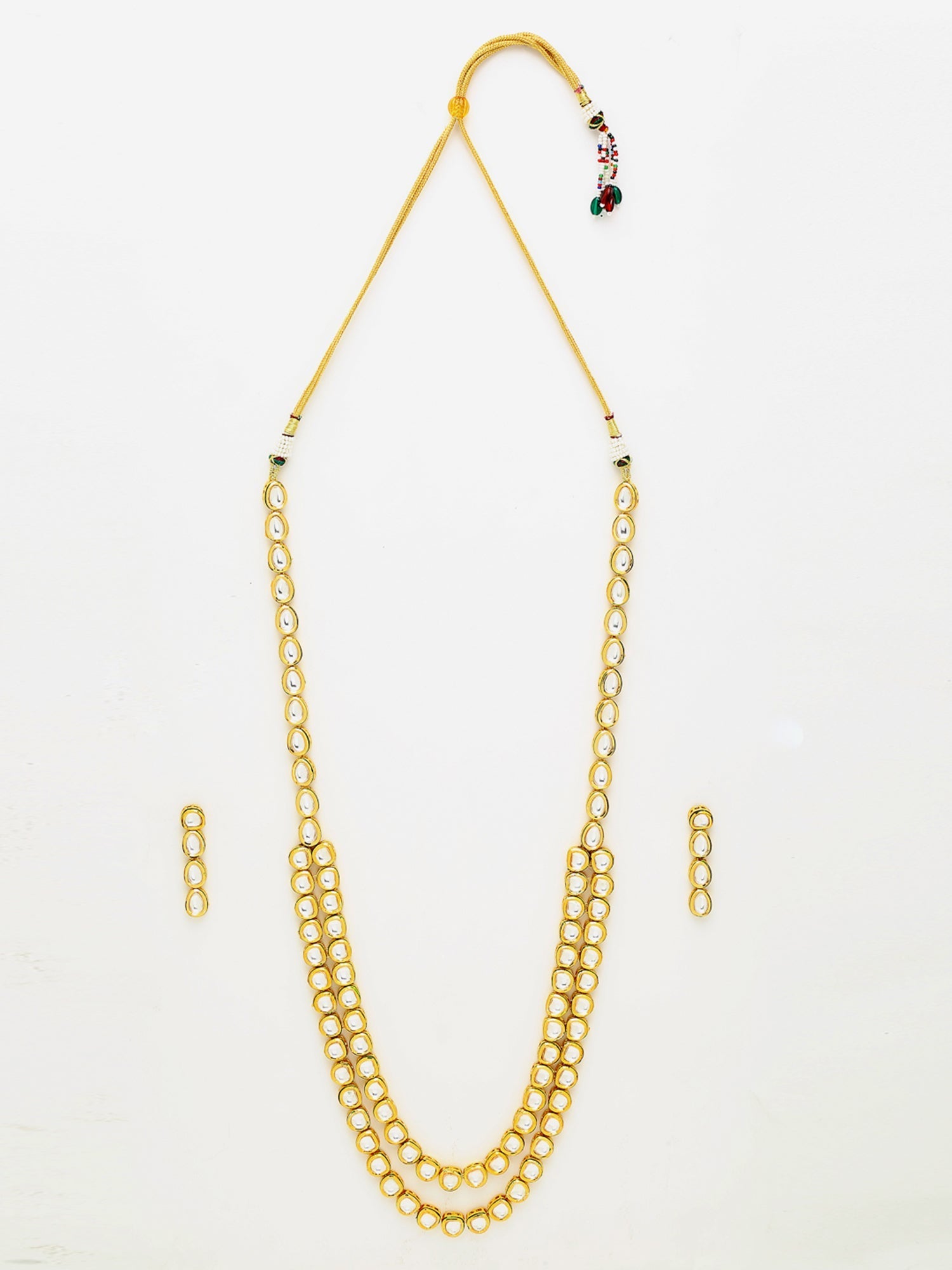Gold Plated Long Kundan Neckpiece With Earrings - Ruby Raang - Grab2buy