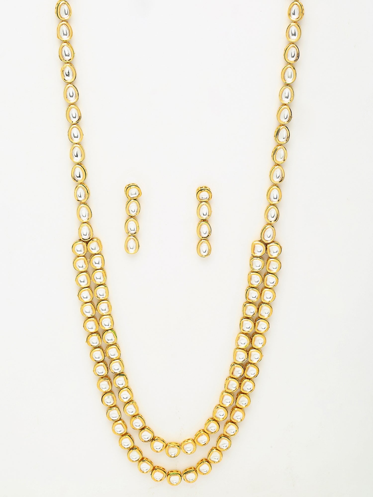 Gold Plated Long Kundan Neckpiece With Earrings - Ruby Raang - Grab2buy