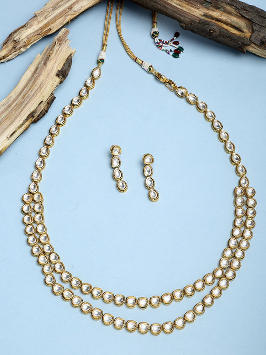 Gold Plated Long Kundan Neckpiece With Earrings - Ruby Raang - Grab2buy