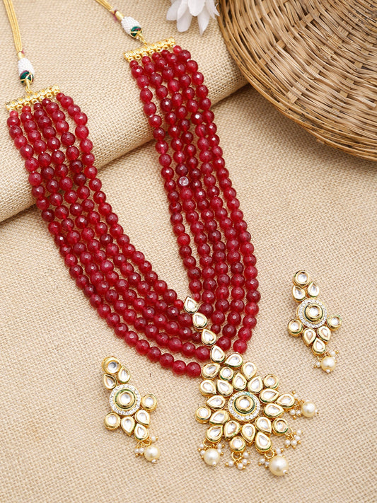 Gold-Plated Maroon Kundan Studded Beaded Jewellery Set - Ruby Raang - Grab2buy