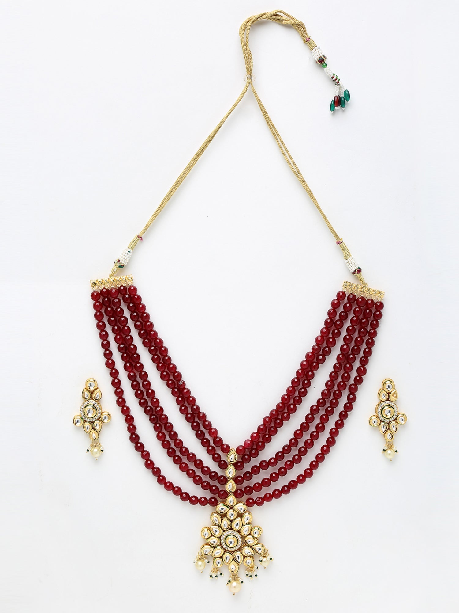 Gold-Plated Maroon Kundan Studded Beaded Jewellery Set - Ruby Raang - Grab2buy