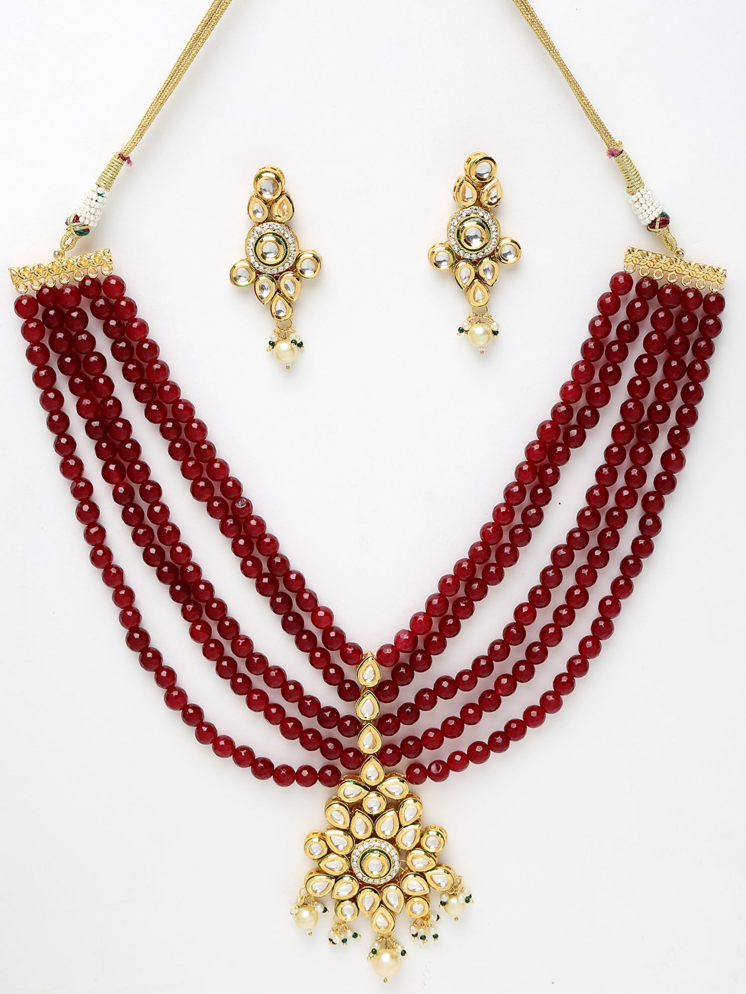 Gold-Plated Maroon Kundan Studded Beaded Jewellery Set - Ruby Raang - Grab2buy