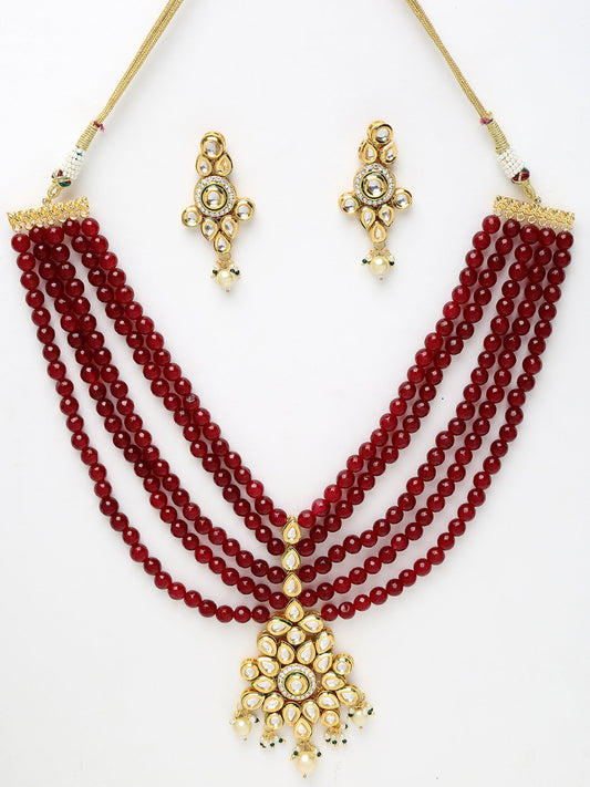 Gold-Plated Maroon Kundan Studded Beaded Jewellery Set - Ruby Raang - Grab2buy
