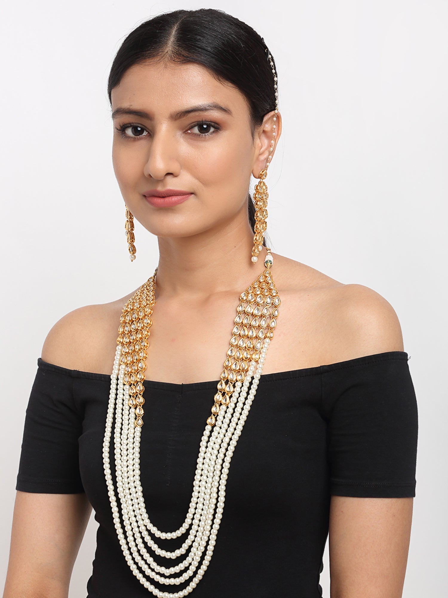 Layered Pearl Kundan Neckpiece With Earrings - Ruby Raang - Grab2buy