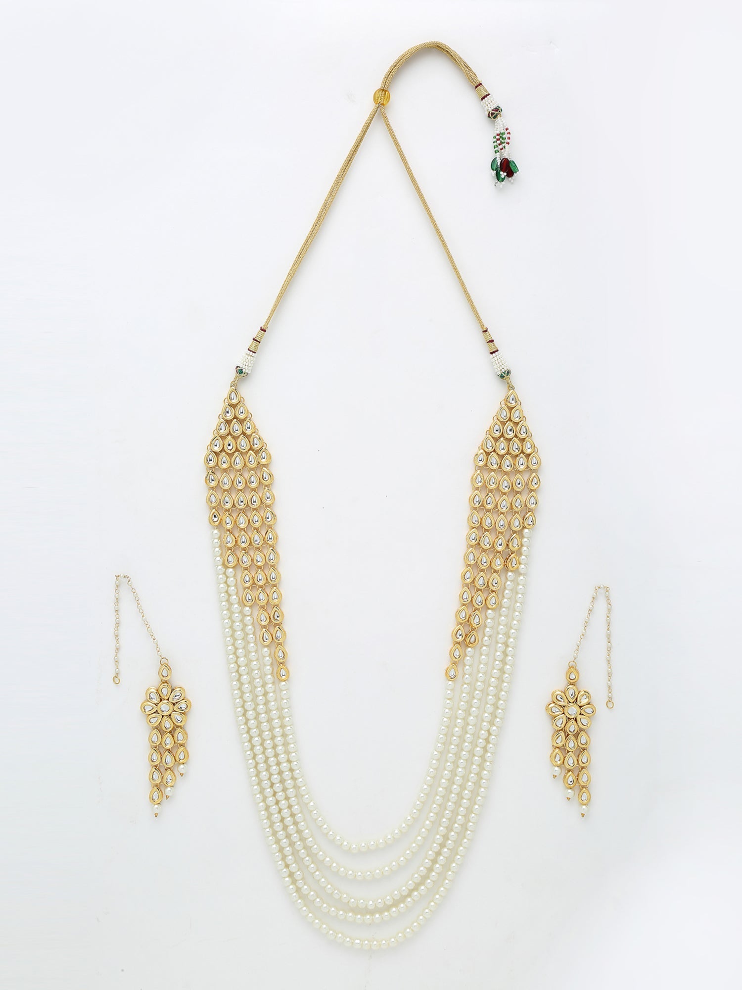 Layered Pearl Kundan Neckpiece With Earrings - Ruby Raang - Grab2buy