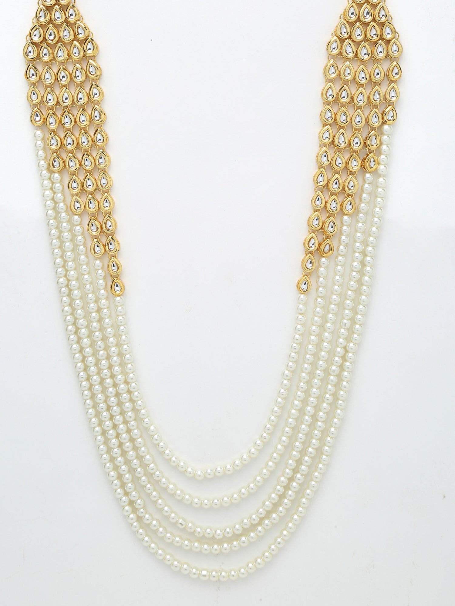 Layered Pearl Kundan Neckpiece With Earrings - Ruby Raang - Grab2buy