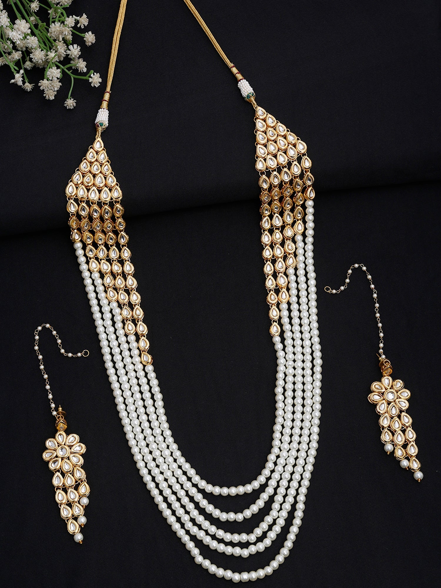 Layered Pearl Kundan Neckpiece With Earrings - Ruby Raang - Grab2buy