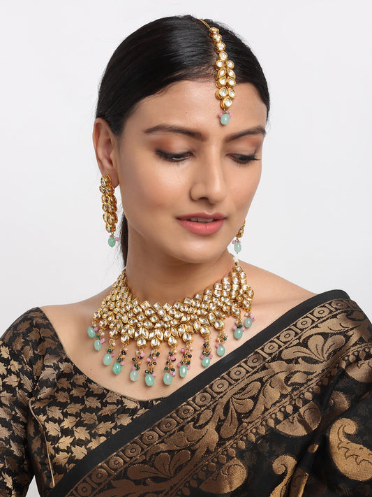 Kundan Neckpiece With Earrings And Maang Tikka - Ruby Raang - Grab2buy