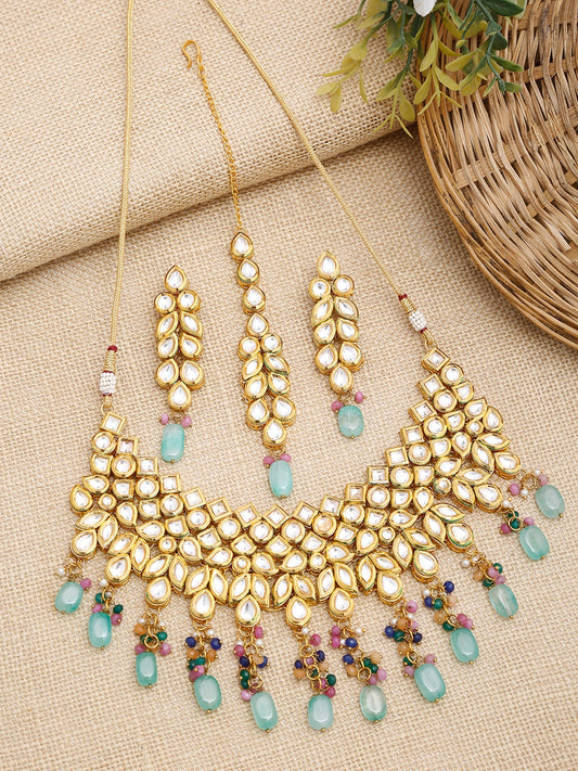 Kundan Neckpiece With Earrings And Maang Tikka - Ruby Raang - Grab2buy