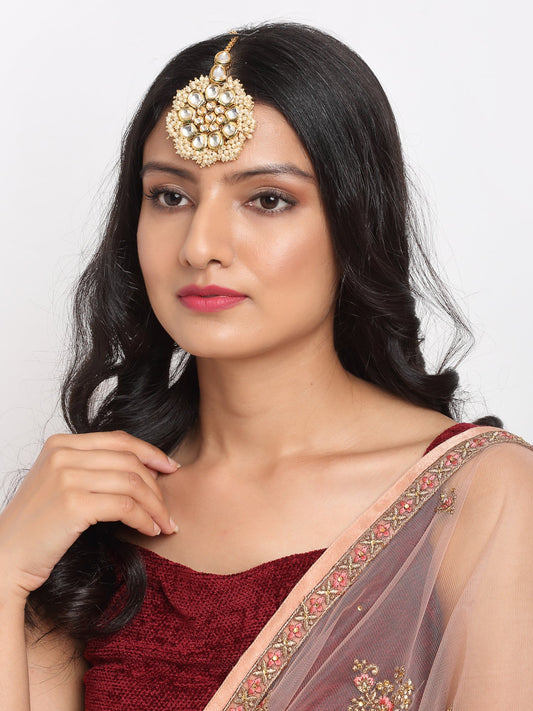 Kundan And Pearl Maang Tikka - Ruby Raang - Grab2buy