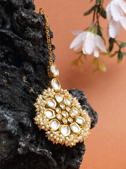 Kundan And Pearl Maang Tikka - Ruby Raang - Grab2buy