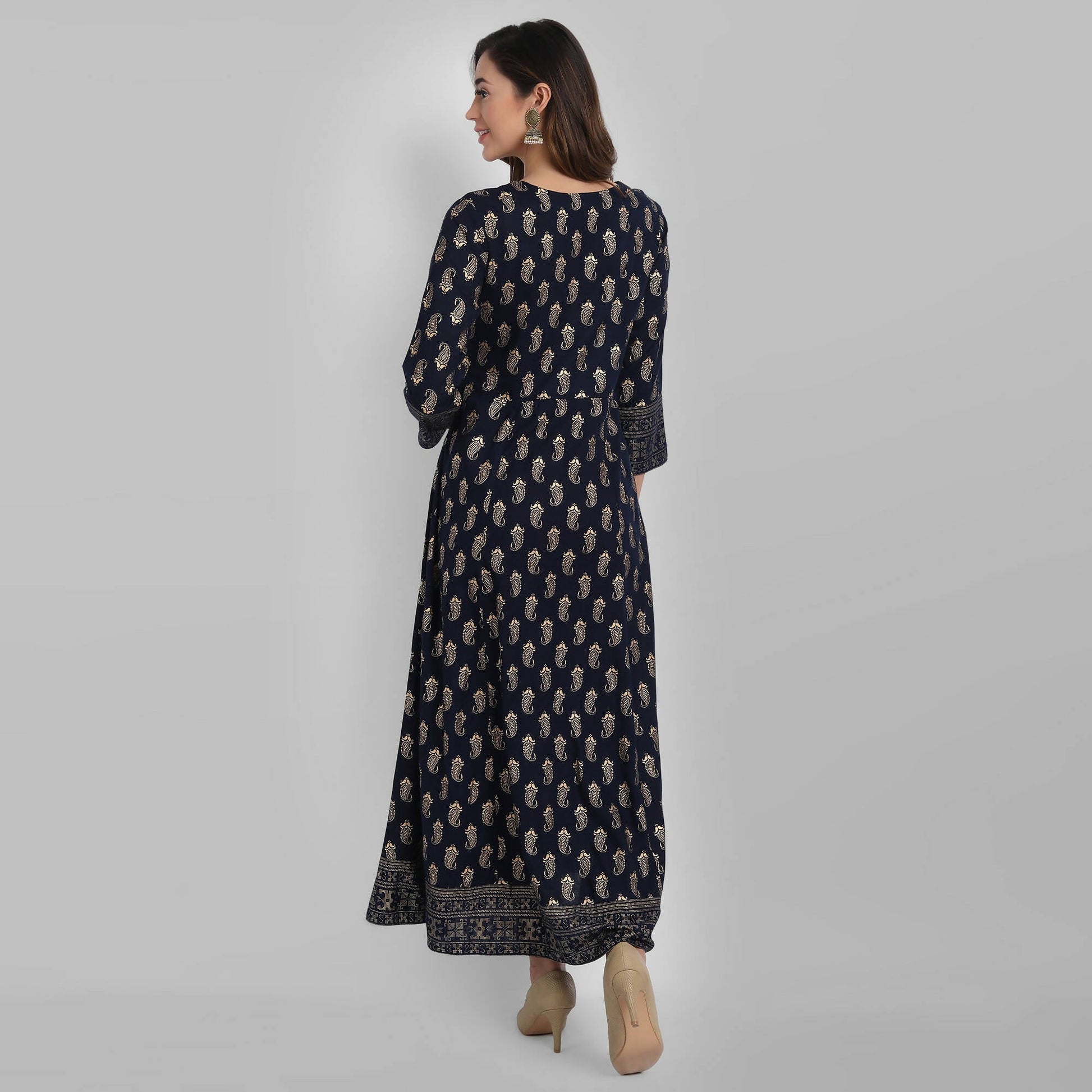 Juniper Women's Navy Rayon Printed Flared Dress