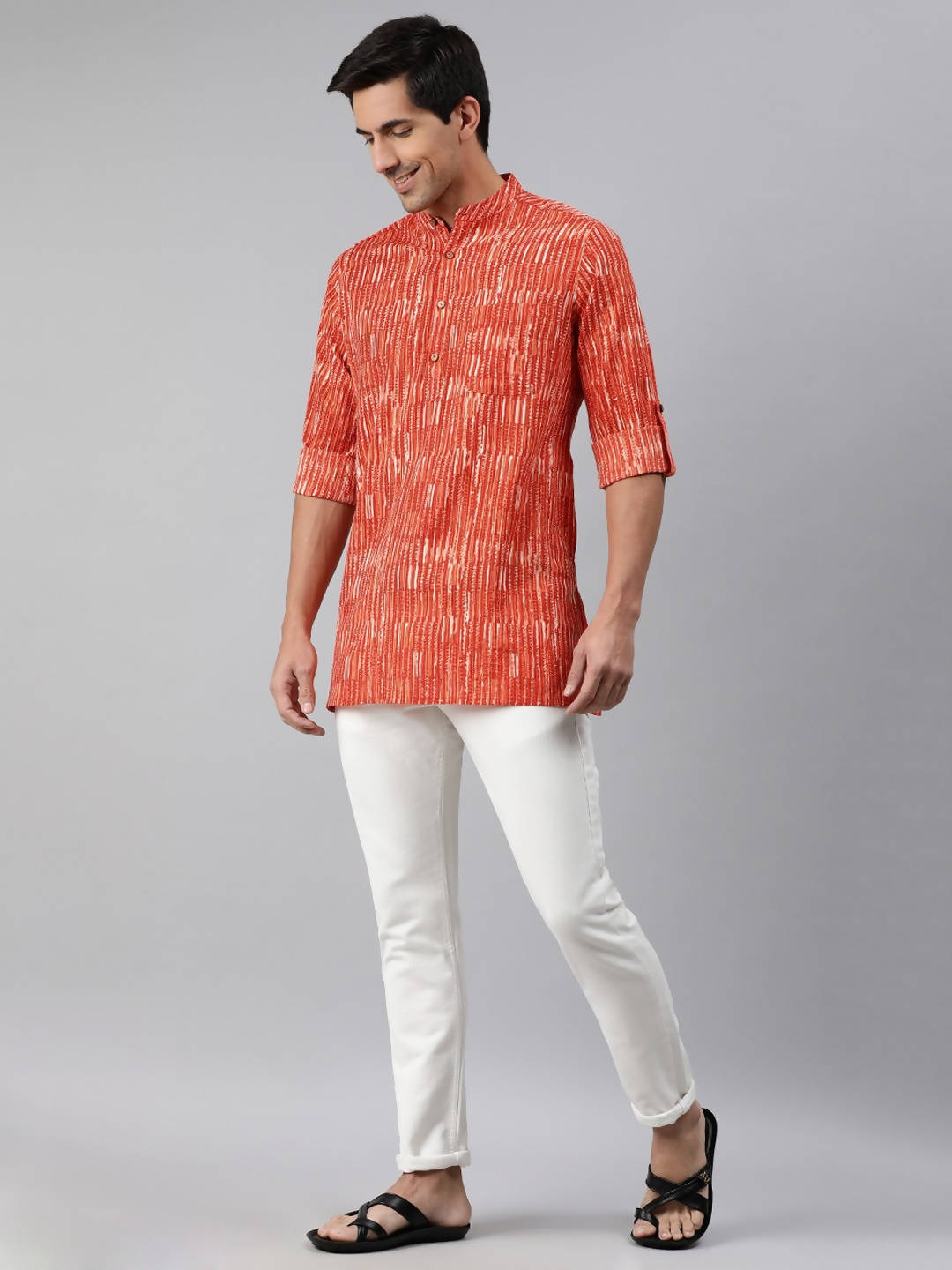 Janasya Men Orange & White Striped Kurta