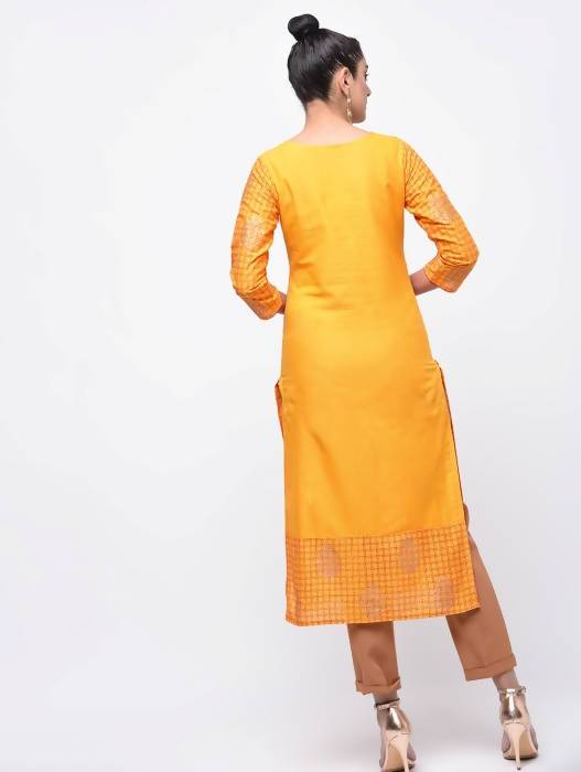 Aniyah Cotton Block Printed Yellow Straight Kurta (AN-137K) 