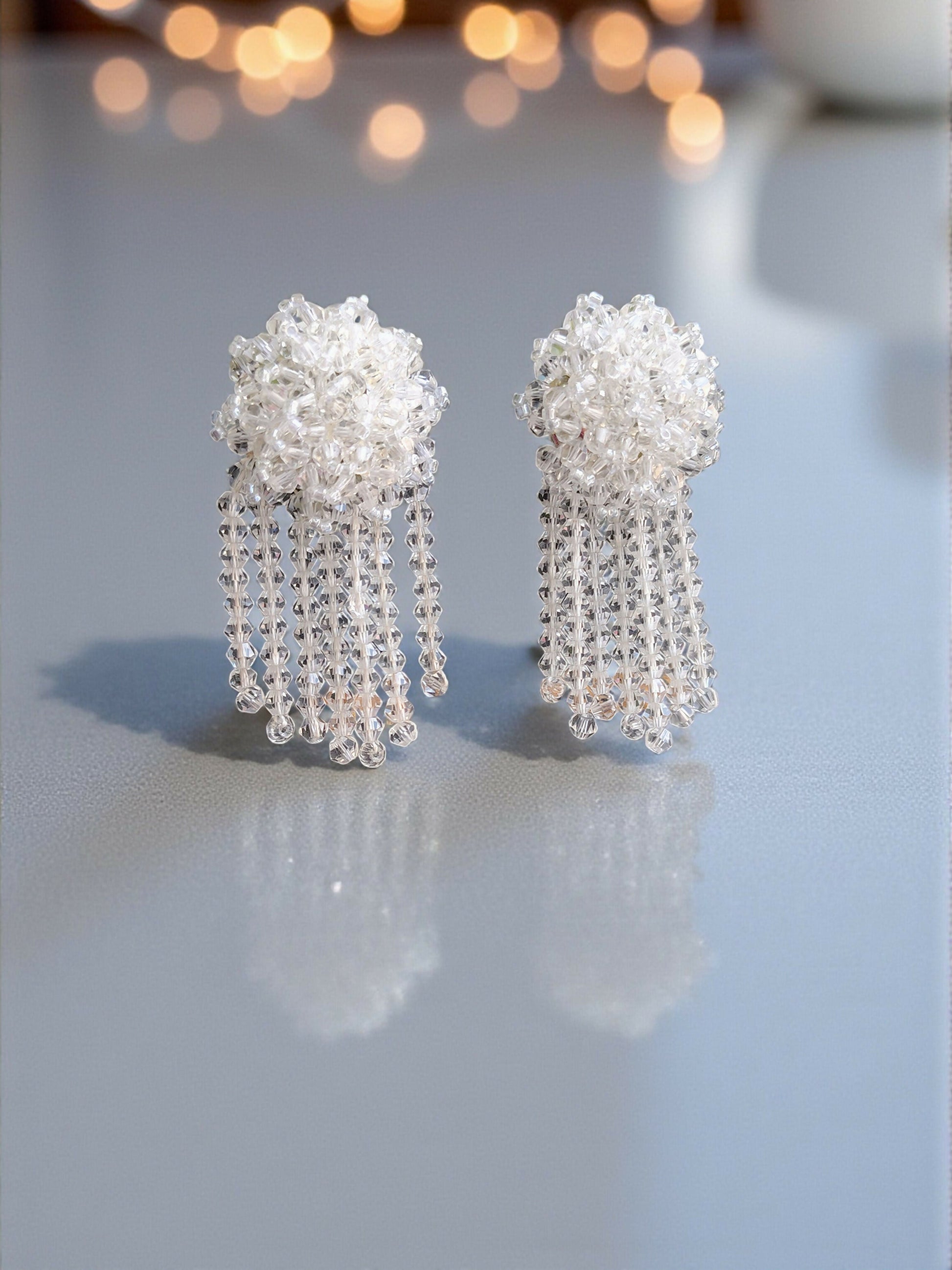 Inhanns Handmade Crystal Water Fall Earrings - Short - White Small