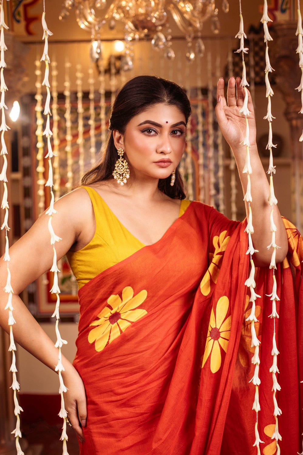 Very Much Indian Mastaani - Pure Mul Cotton Handloom Saree with Beautiful Floral Handpaint - Red | Swadesiicart