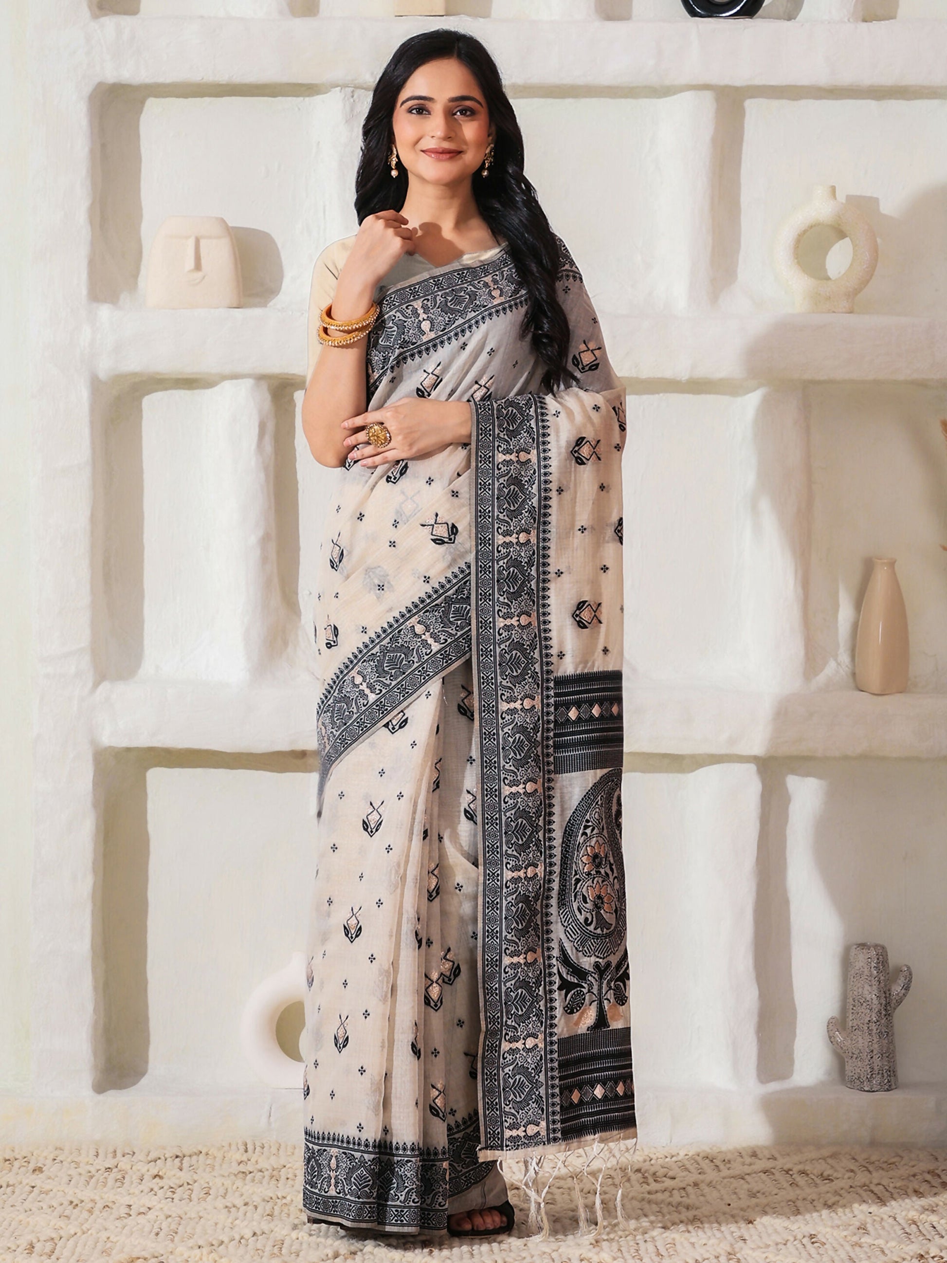 Shree Shyam Fashion Linen Cotton Black & Cream Saree