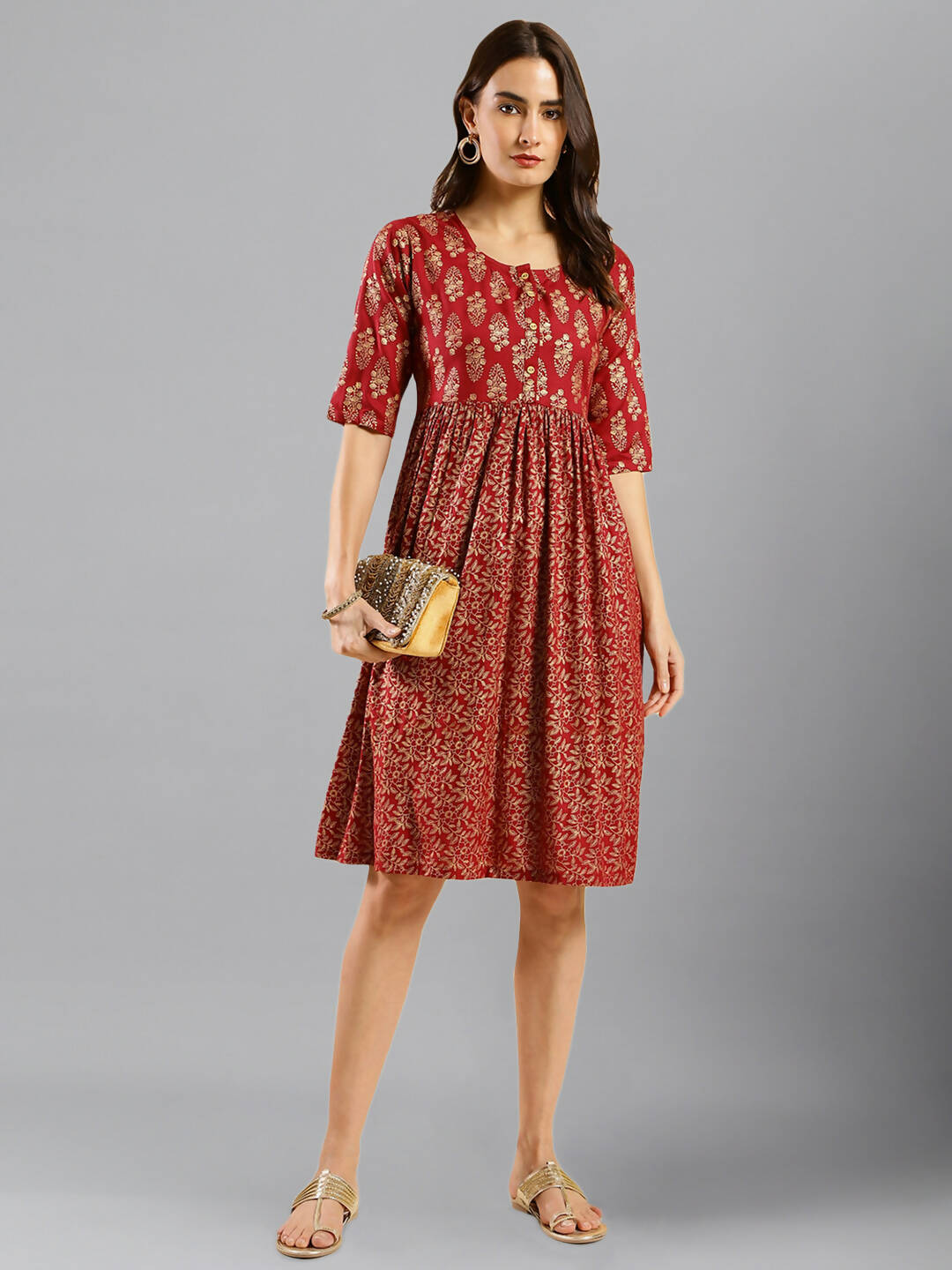 Red Cotton Ethnic Motifs Aline Dress - Poonam