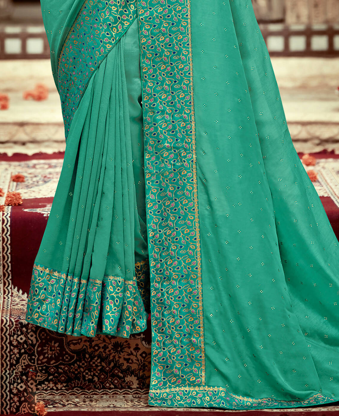 Sea Green Vichitra Stone Work Saree With Unstitched Blouse Piece - Rosy
