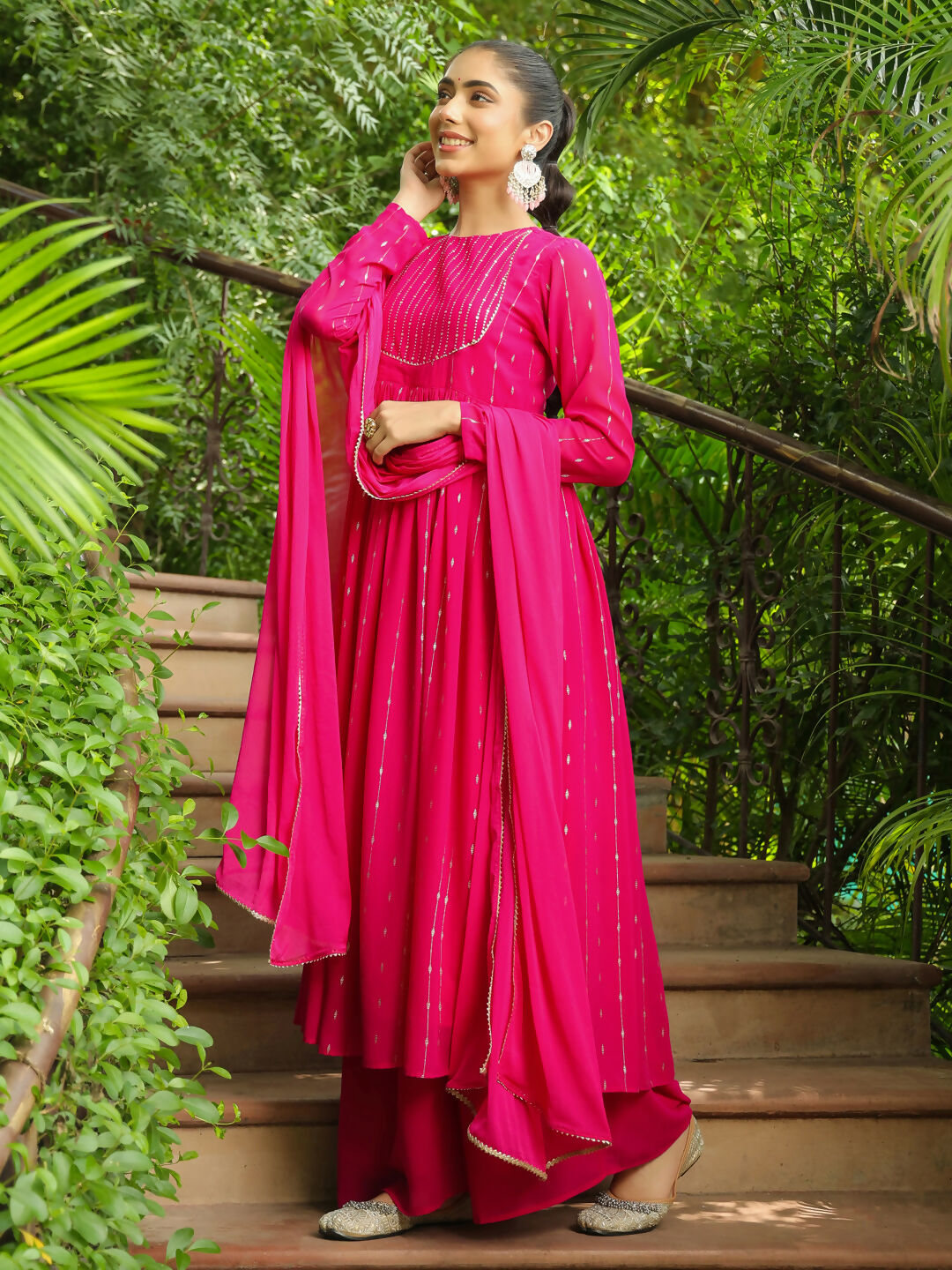 Janasya Pink Georgette Foil Print Kurta,Bottom & Dupatta 