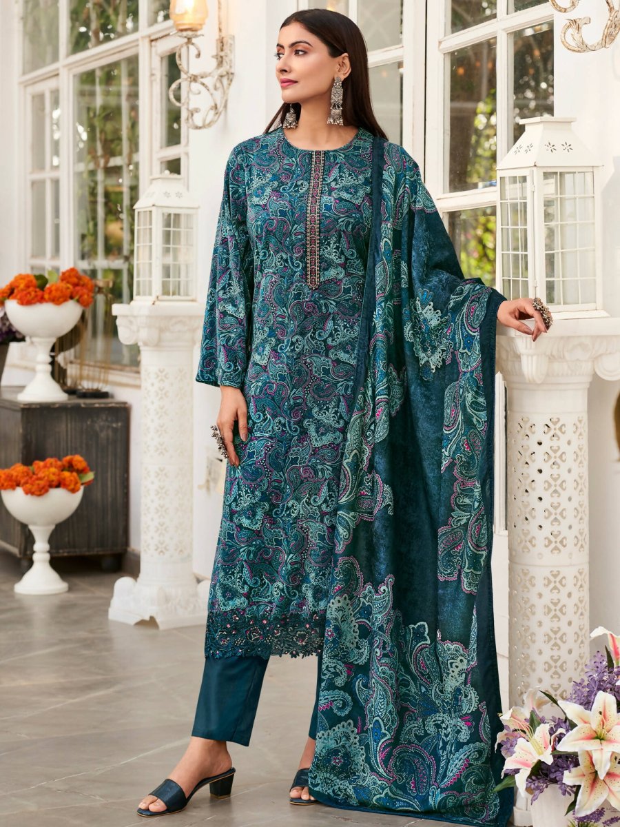 Aastha Fashion Women's Navy Blue Velvet Digital Print with Resham Thread work Kurta with Trouser & Dupatta - Grab2buy
