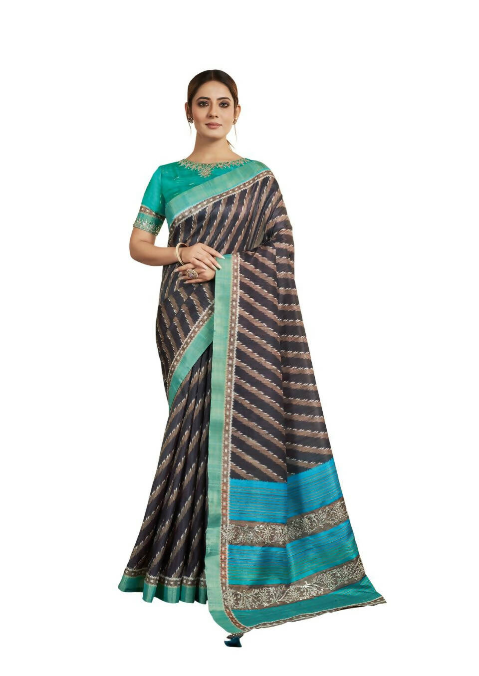 Navy Blue Bhagalpuri Silk Stripe printed with Stone Work & Hand Work Saree - Norita Nirvi