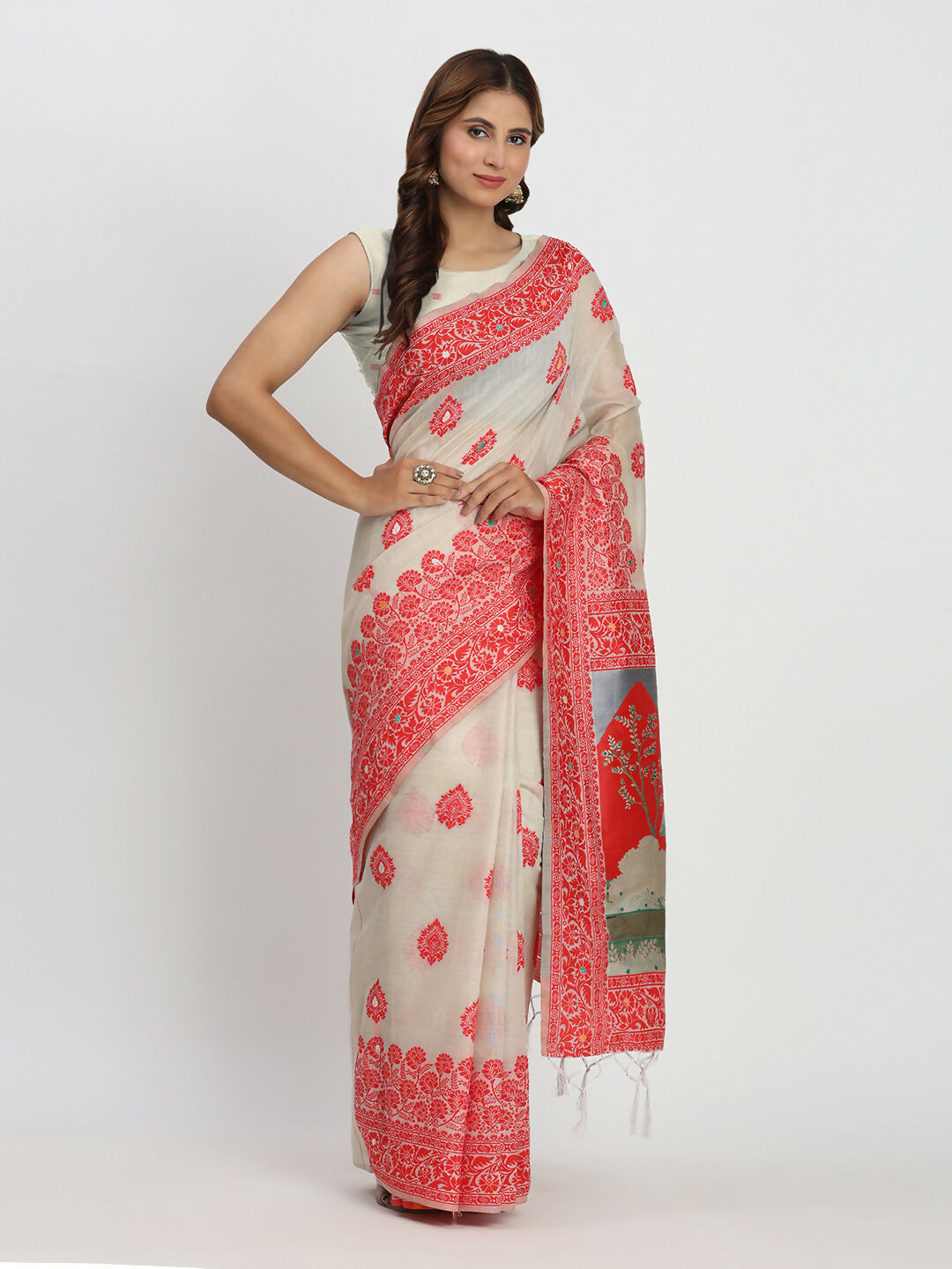 Shree Shyam Fashion Linen Cotton Cream & Red Saree