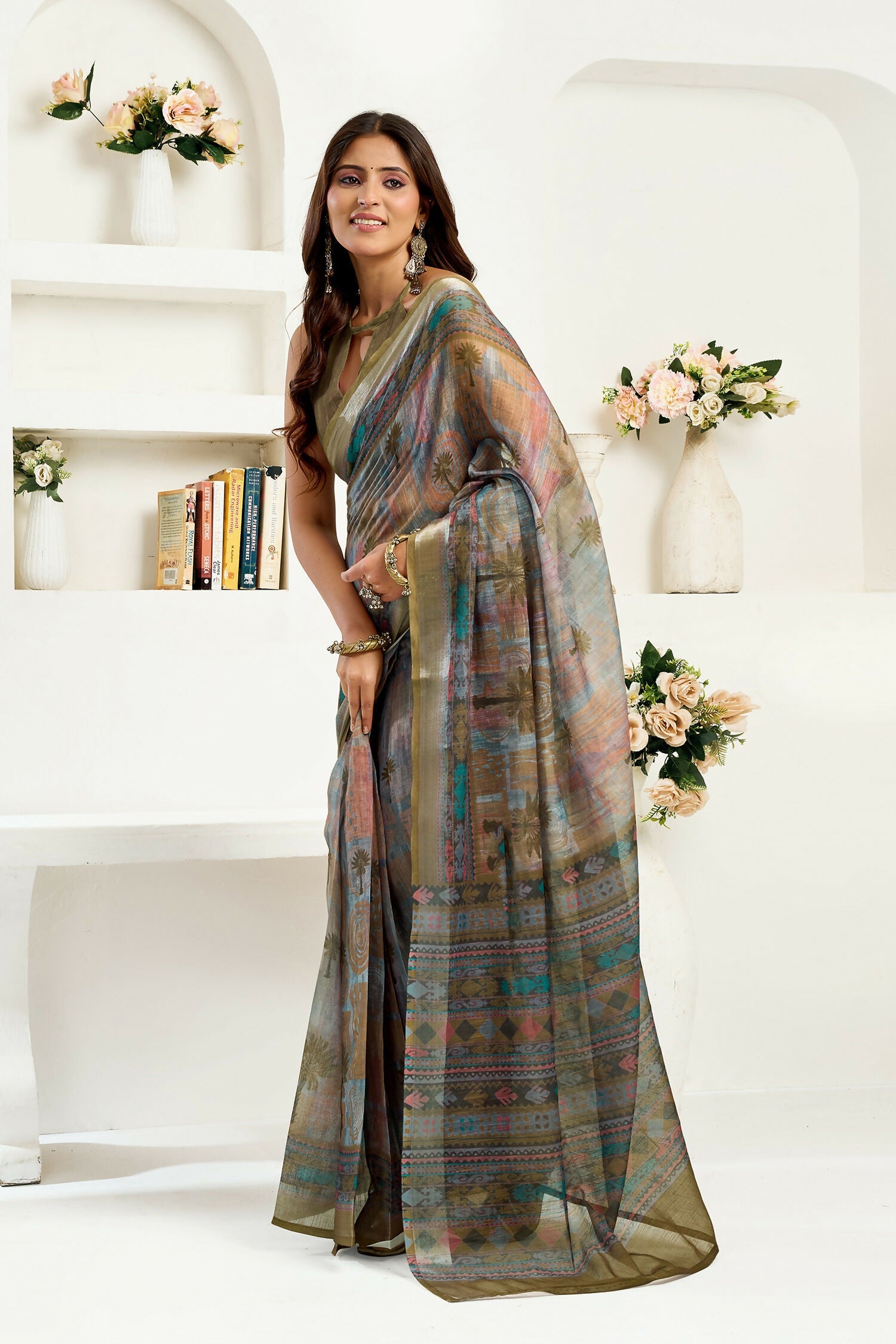 Joban Fashion Dusty Green Floral & Ethnic Motifs Linen Ready To Wear Saree With Unstitched Blouse