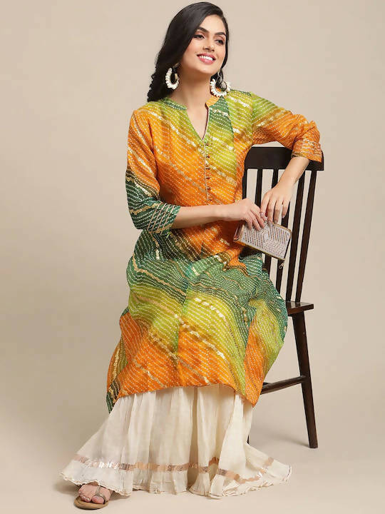 Varanga Mustard Yellow & Green Bandhani Dyed Anarkali Kurta - Grab2buy