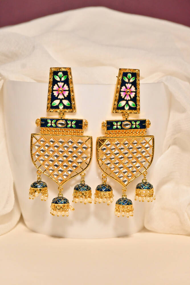 Traditional Gold-Plated Meenakari Blue Jhumka Jhumki Earrings By House of Ree - Grab2buy