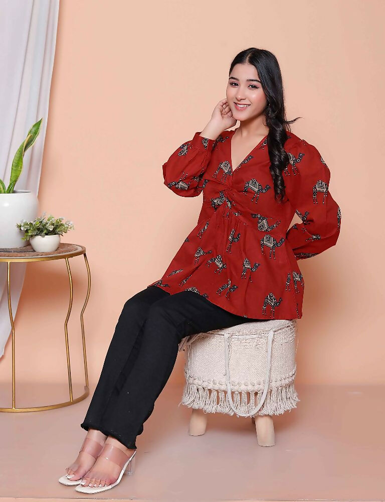 Miravan Womens Brown Animal Printed Balloon Sleeves V Neck Butterfly Top