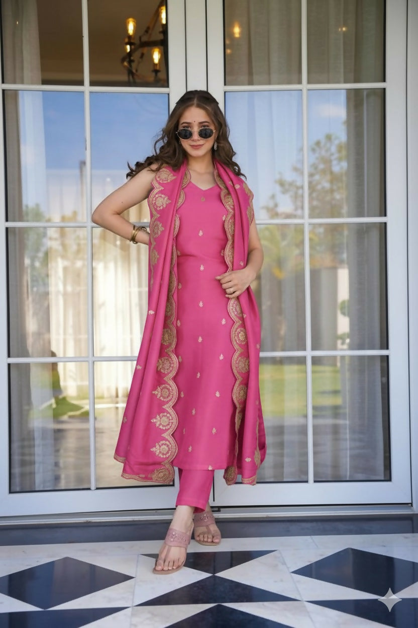 The52 Peach Women's Viscose Zari Chanderi Fabric Embroidered Work Straight Kurta, Pant and Dupatta Set | Grab2Buy