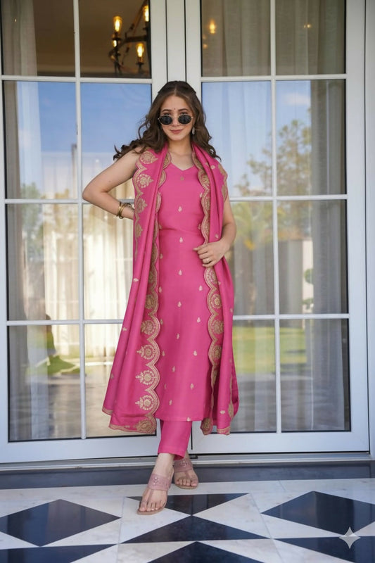 The52 Peach Women's Viscose Zari Chanderi Fabric Embroidered Work Straight Kurta, Pant and Dupatta Set | Grab2Buy